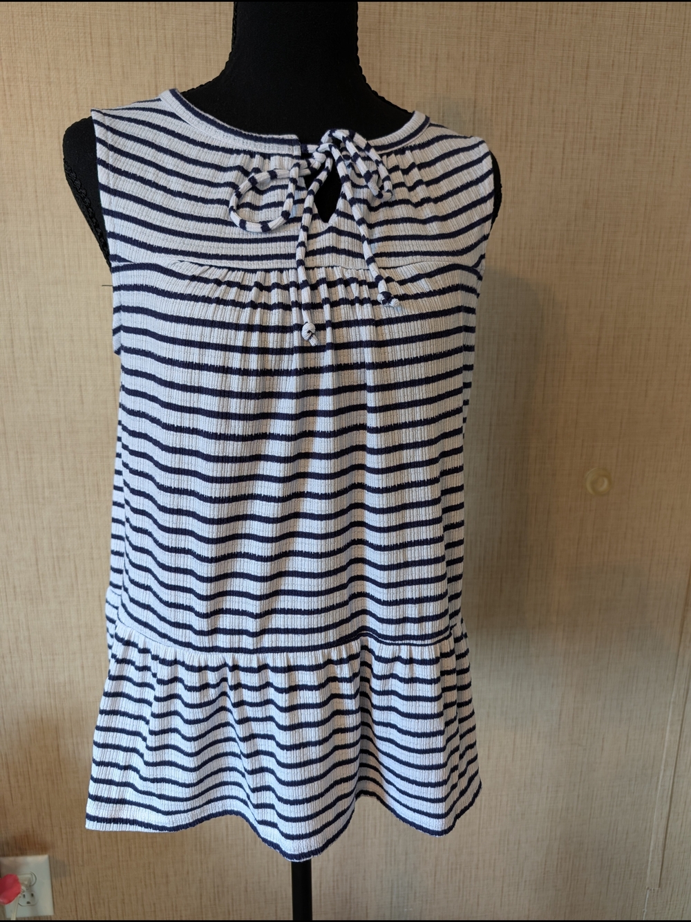 Como Vintage Navy & White Striped Tie-Neck Peplum Shell